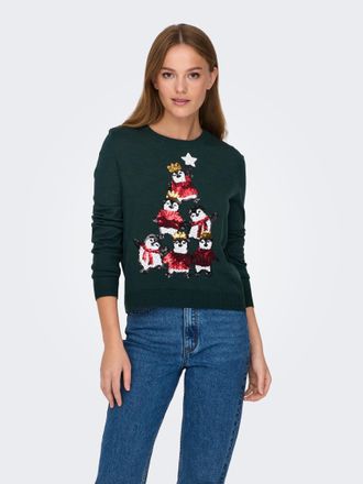 Only Weihnachtspullover ONLY ONLXMAS PENGUIN TREE LS O-NECK RP KNT, Damen, Gr. XL, gr&uuml;n gables pattern:sequin penguins tree, Strick, Obermaterial: 100% Pol