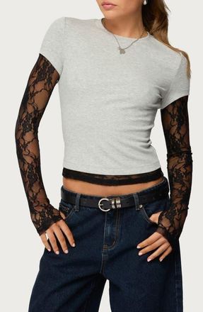 Edikted Layered Lace Sleeve T-Shirt in Gray-Melange at Nordstrom, Size X-Large