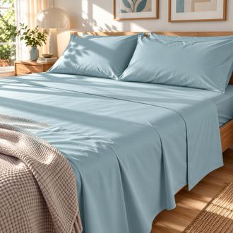 KASANOVA Completo letto matrimoniale cotone azzurro tinta unita