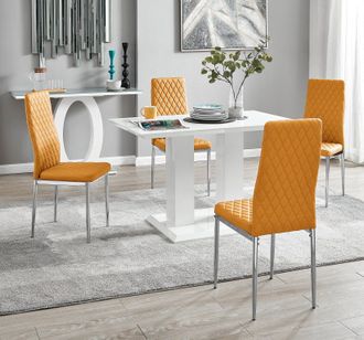 Furniturebox Imperia 4 Seater Modern White High Gloss Rectangular Dining Table & 4 Milan Faux Leather Chairs in Mustard