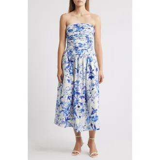 Chelsea28 Ruched Linen Blend Strapless Sundress in Blue Floral at Nordstrom Rack, Size Xx-Small