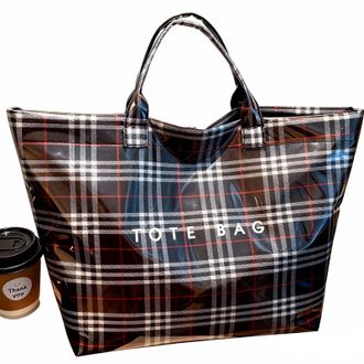 Generic Christmas Plaid PVC Tote Bag for Women Letters Print Tote Bag Plastic Handbag with Tops Handle (A)