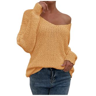 Generic VEMOW Sexy V Neck Sweaters for Women Off Shoulder Jumper Long Sleeve Lightweight Knit Top Casual Loose Fit Fall Pullover Sweater Yellow