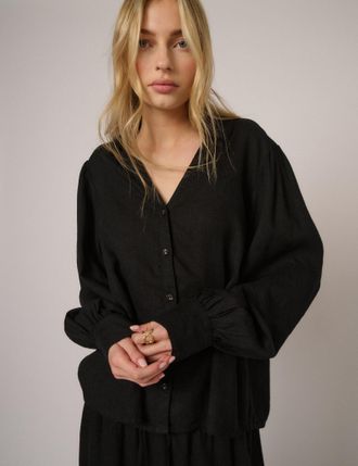 Nobody's Child Black Linen-Blend Blouse
