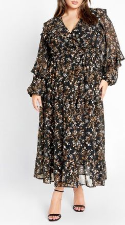 City Chic Arielle Ruffle Long Sleeve Maxi Dress in Floral at Nordstrom, Size Xxs