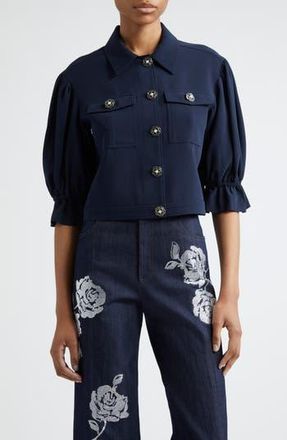 Cinq à Sept Julieta Flower Button Crop Jacket in Navy at Nordstrom Rack, Size X-Large