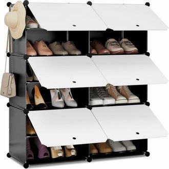 Woltu Woltu Zapatero Pl&aacute;stico Organizador De Zapatos De Panel Modular Zapatero Con 6 Cubos Para 24 Zapatos Con Puertas Y Ganchos Blanco+negro