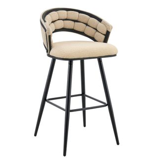 STILVORA Lote De 2 Taburetes De Bar Con Respaldo Trenzado Y Reposapi&eacute;s, Metal Y Terciopelo, Beige Y Negro