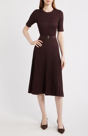 Eliza J Belted Fit & Flare Sweater Dress in Brown at Nordstrom, Size Xx-Large