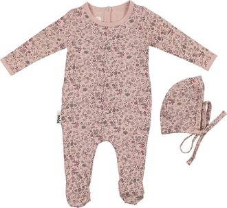 Maniere Elegant Floral Footie & Hat Set in Mauve at Nordstrom, Size Newborn