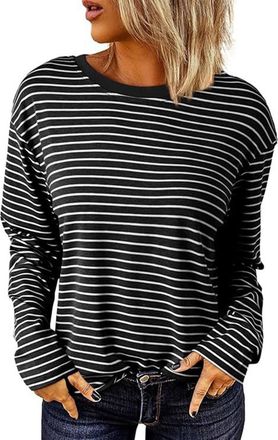 Generic Womens Long Sleeve T Shirts Base Tops Casual Tee Womens Casual Striped Long Sleeve Tops Crew Neck Knit Ribbed Basic T Shirts Size Small Womens Tops (W