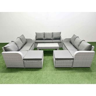 Fimous Pe Rattan Lounge Sofa Set 11 Seater Outdoor Garden Furniture Set with Oblong Coffee Table 3 Seater Sofa 2 Big Footstools 2 Side Table Light Grey