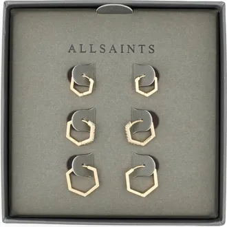 AllSaints Set of 3 Crystal Hexagonal Hoop Earrings in Gold at Nordstrom Rack