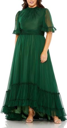 Mac Duggal High Neck Flutter Sleeve Ruffle Tiered High Low Gown in Emerald at Nordstrom, Size 20W