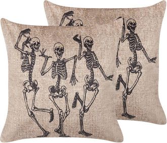 Beliani Conjunto De 2 Cojines De Terciopelo Beige Negro 45 X 45 Cm Esqueleto Mortesti