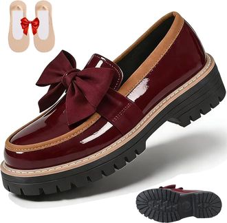 Generic Womens Bowknot Thick Sole Loafers, Womens Patent Leather Bowknot Chunky Platform Loafers - Casual Dress Shoes for Office Business Work Everyday Wear (