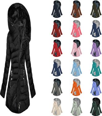 Generic Winter Coats for Women 2024 Trendy Hooded Coats Fleece Lined Jacket Zip Coat Mid Length Coat Plus Size Puffer Jacket Zip up Sherpa Warm Windproof Thic