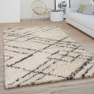 Paco Home Paco Home Alfombra Salón Pelo Largo Shaggy Motivo Moderno Boho Escandinavo Rombos Ø 200 cm redon, Crema Antracita 4
