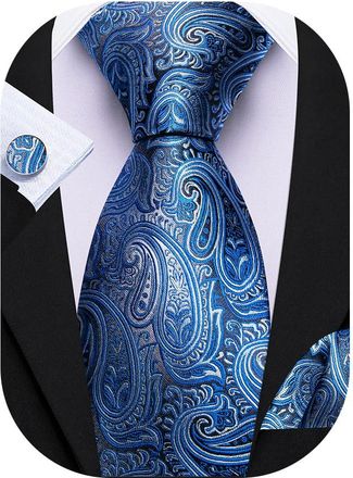 Barry.Wang Mens Blue Paisley Tie Silk Necktie Pocket Square Cufflinks Set Handkerchief Wedding Party
