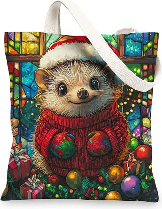 Generic Christmas Hedgehog Canvas Tote Bag for Shopping 13x15, Stained Glass Winter Animal Reusable Grocery Print Pattern Bag for Women Men, Holiday New Year 