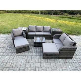 Fimous Indoor Outdoor Rattan Garden Furniture 8 Seater Set Table Sofa Chair Patio Conservatory with Grey Cushions 2 Side Tables 2 Big Footstool - Fimous