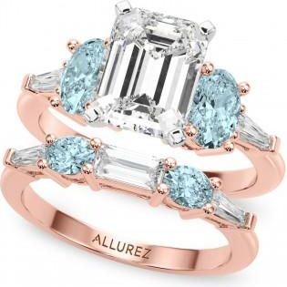 Allurez Emerald Cut Lab Grown Diamond & Oval Aquamarine Bridal Set 14K Rose Gold (4.65ct)