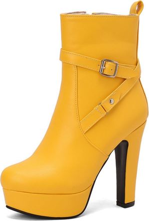 Generic Womens Platform High Heel Ankle Boots Faux Leather Buckle Detail Round Toe Side Zipper Chunky Hells Stylish Evening Party Date Night Casual,Yellow,6.5