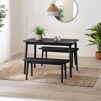 Furniturebox Lynton Small Black Wooden Dining Table & 2 Benches