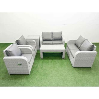 Fimous 6 Seater Outdoor Reclining Chair Love Sofa Set Rattan Garden Furniture Set with Oblong Coffee Table Side Table Light Grey - Fimous