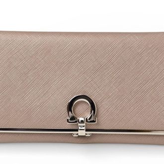 Ferragamo Gancini Metallic Beige Leather Long Wallet (Bi-Fold) (Pre-Owned)
