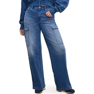 Good American Jeanius Good Skate Wide Leg Cargo French Terry Pants in Indigo900 at Nordstrom, Size 6