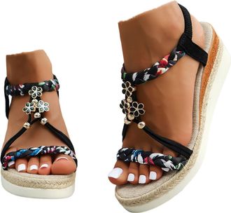 Generic Wide Width Wedge Sandals For Women,2026 Open Toe Jeweled Beaded Platform Sandals for Women Summer Dressy Strap Walking Shoes Vintage Non Slip Casual S