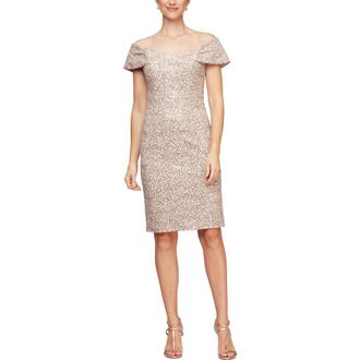 Alex Evenings Off the Shoulder Corded Embroidered Sheath Dress in Champagne/Ivory at Nordstrom, Size 14