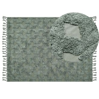 Beliani Alfombra De Algod&oacute;n Verde 140 X 200 Cm Hecho A Mano Patr&oacute;n Geom&eacute;trico Borlas Kars