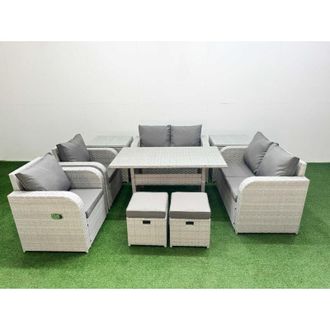 Fimous 8 Seater Outdoor Reclining Chair Love Sofa Set Rattan Garden Furniture Set with Rectangular Dining Table 2 Stools 2 Side Table Light Grey - Fimous