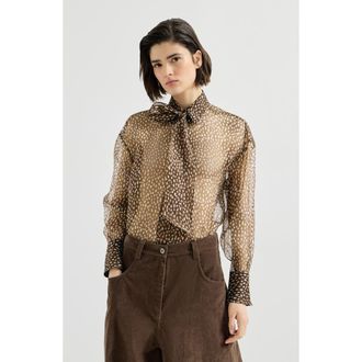 Brunello Cucinelli Dapple silk organza shirt with neck tie in Chocolate at Nordstrom, Size Xxx-Large