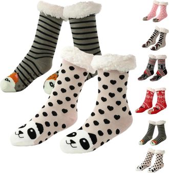 Generic Cute Animal Ultra-Thick Slipper Home Socks, Soft Cashmere Lining Non Slip Soft Cozy Plush Socks for Women (2PCS-B)