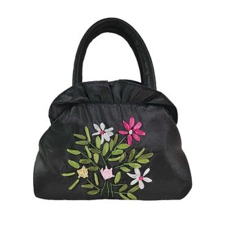 Generic Ethnic Style Tote Bag, Small Purse Wallet, Embroidery Flower Satin Silk Handbag, Zipper Flower Wrist Bag for Women Phone Cosmetic(black)