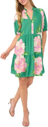 Cec&eacute; Lamour CeCe Dress Womens Green Floral Tiered Puff Sleeve Split Neck Shift GBO889