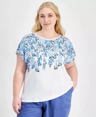 Tommy Hilfiger Top Womens White Floral Cotton Short Sleeve Pullover FTS1219