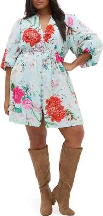 City Chic Flora Print Cotton Minidress in Mint Flora at Nordstrom, Size 22W