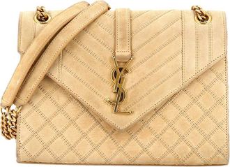 Saint Laurent Beige Quilted Suede Classic Monogram Envelope Satchel Small (Authentic Pre-Loved)