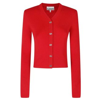 Ganni Mini Ribbed Merino Cardigan - female - Ganni - Cardigans - Red - XS - Knitwear