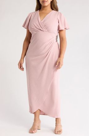 S.L. Fashions Sparkle Crystal Embellished Faux Wrap Gown in Blush at Nordstrom, Size 14W