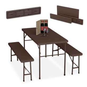 Relaxdays Conjunto Jard&iacute;n Plegable, 3 Piezas, Mesa De Exterior, 2 Bancos Patio, Camping, Recepci&oacute;n, Efecto Rat&aacute;n, Marr&oacute;n - Relaxdays