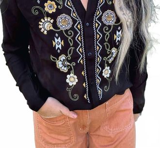 Roper Womens Embroidered Floral Long Sleeve Top In Black