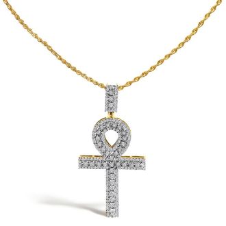 House of Brilliance Mens 10K Yellow Gold 1.00 Cttw Diamond Ankh Cross Pendant Necklace