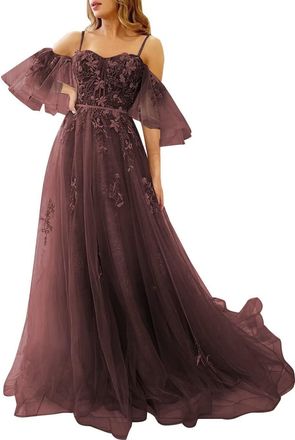 Generic Off Shoulder Tulle Prom Dresses for Teens Lace Appliques Formal Dresses A Line Spaghetti Strap Formal Evening Gowns Burgundy XL