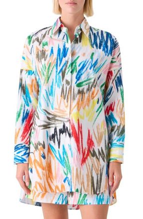 Akris Scribble Print Oversize Cotton Poplin Tunic Button-Up Shirt in Cream-Multi at Nordstrom, Size 10