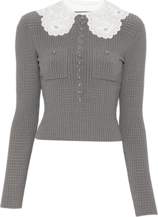 Self Portrait Trui met kraagdetail - Dames - Ronde hals truien - Grijs - L - Polyester - Truien & Vesten